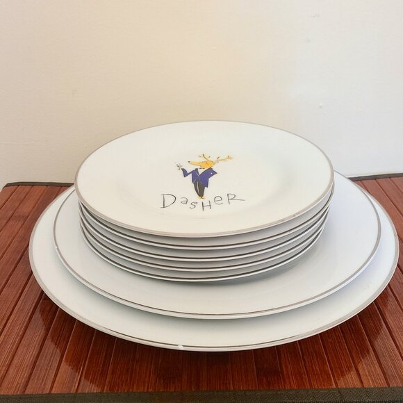 Pottery Barn Matching Reindeer Salad Plates/Dinner Plates/Bowls - 9 Pieces - Picture 3 of 8